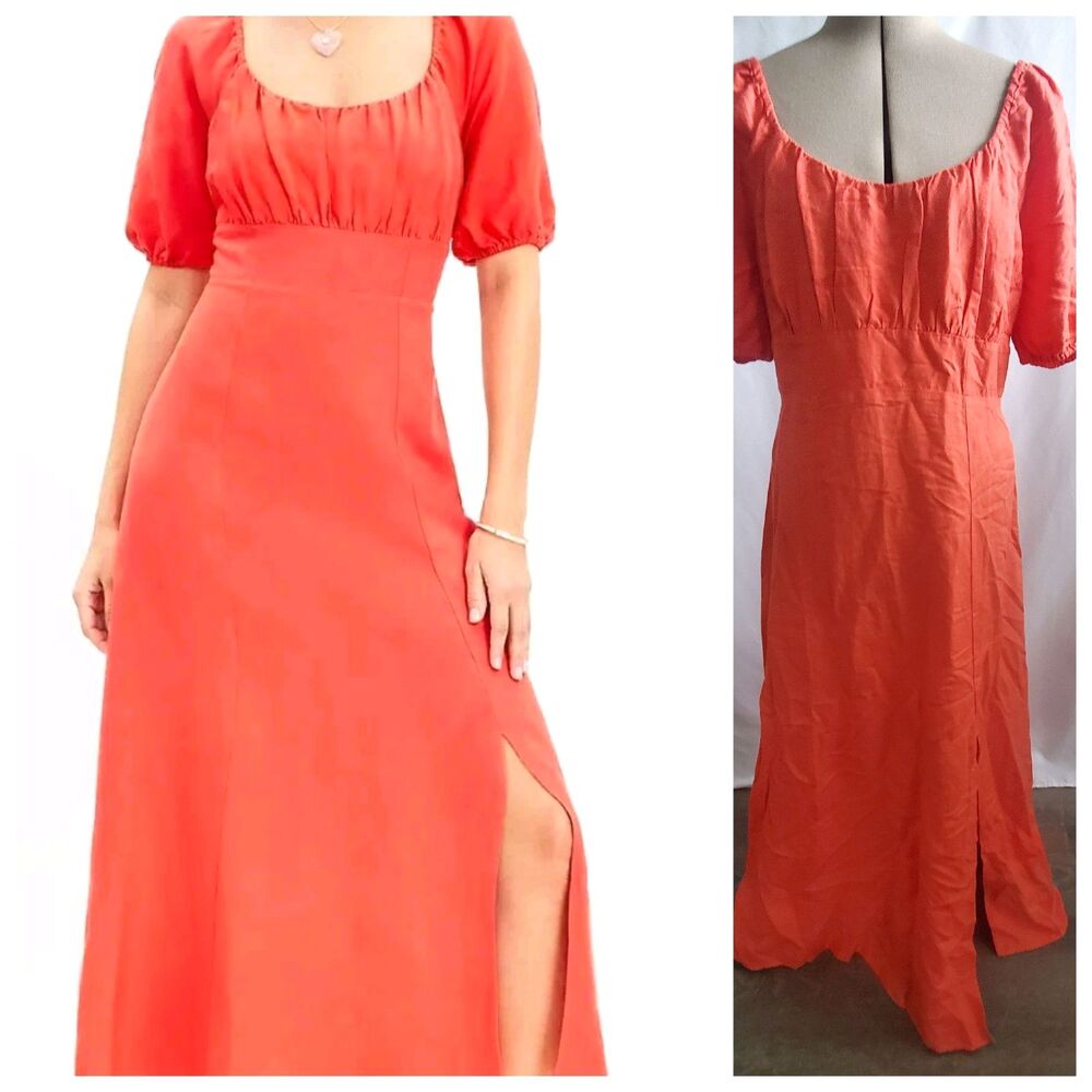 NWT LOFT Women's Size 6 Maxi Dress Coral Orange Linen Blend Puff Sleeve